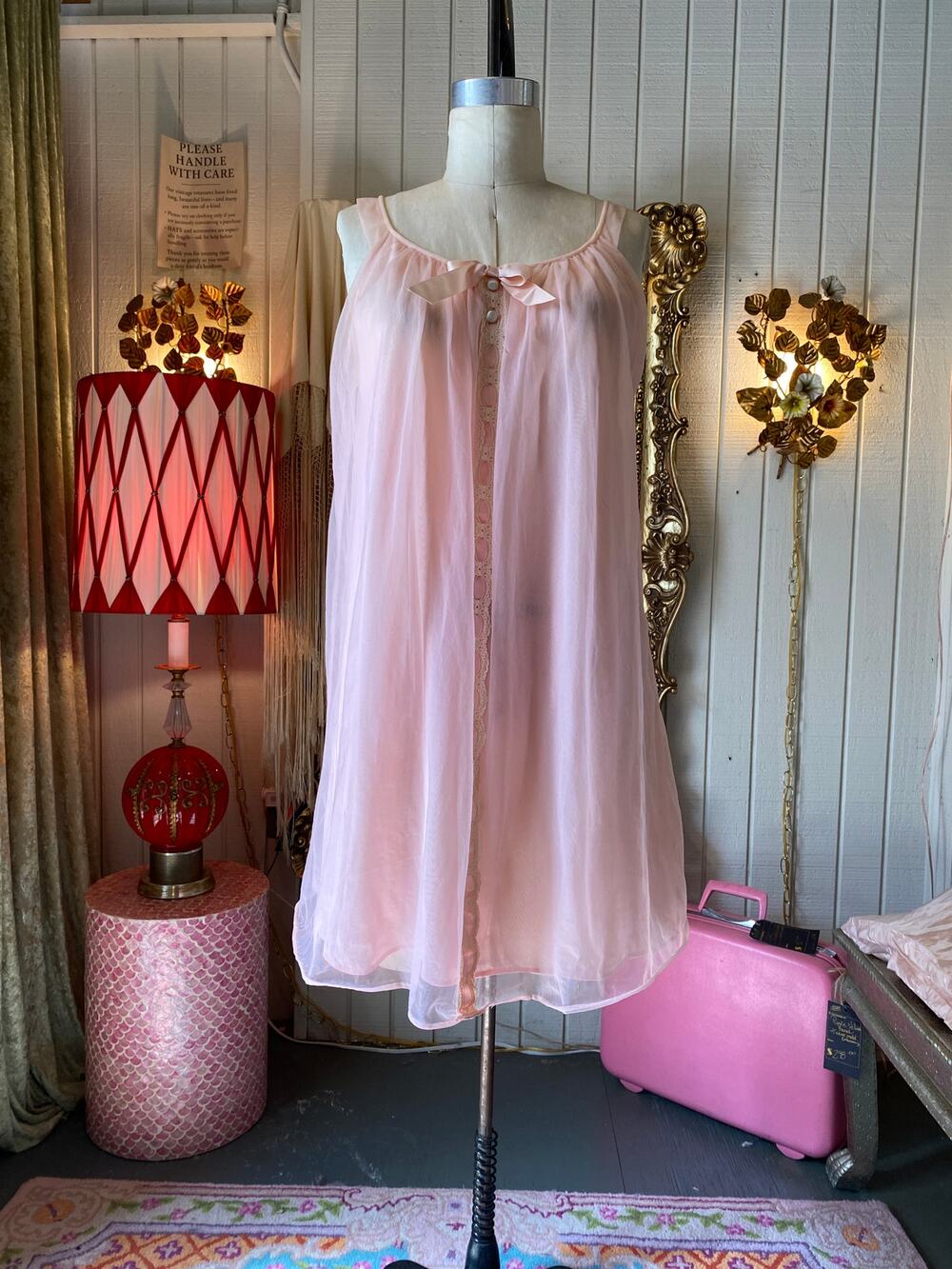 vintage 1950s sheer pink nightgown, 50s lingerie, nylon chiffon, pin up nightie